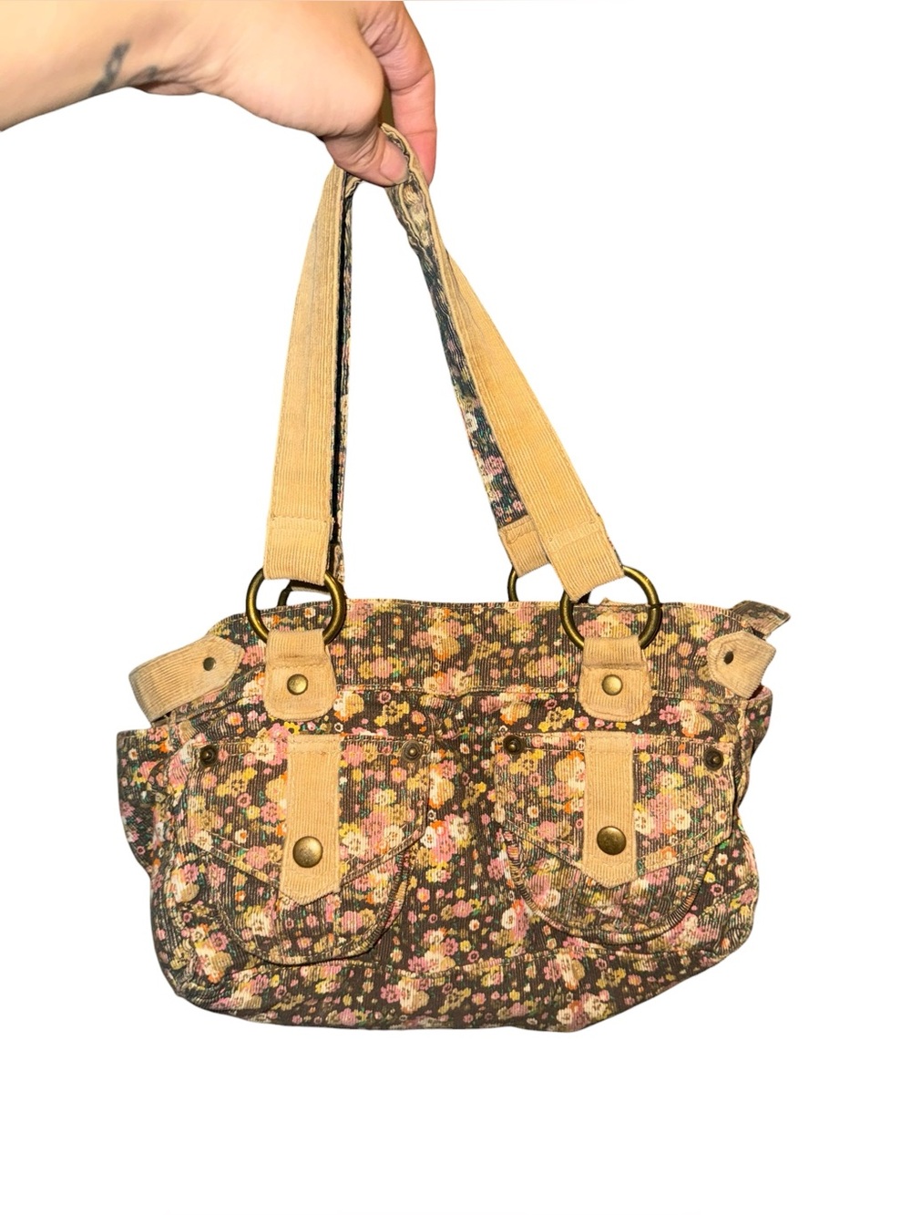 Vintage brown and floral Y2K corduroy purse